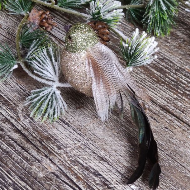 Dekorationsfugl, L14 cm, guld/grn