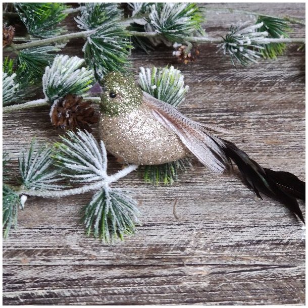 Dekorationsfugl, L14 cm, guld/grn