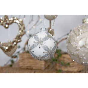 Julekugle hvid med s�lvfarvet striber og glimmer