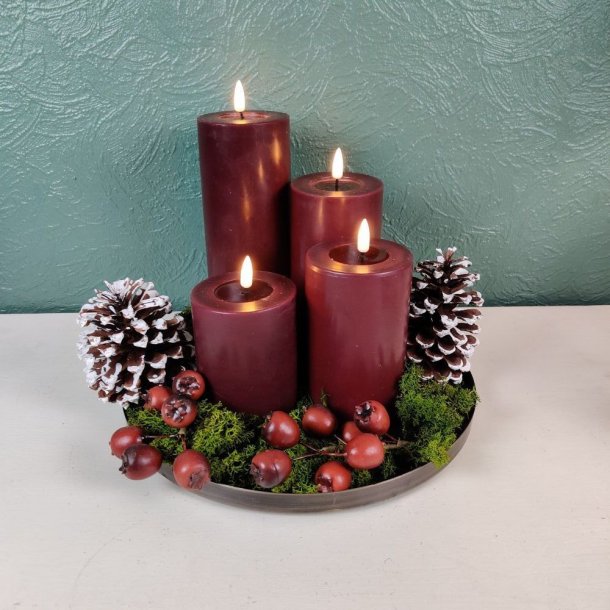 LED kunstig bordeaux bloklys 3D statisk real flamme m�l: D 7,5 cm x H 20 cm