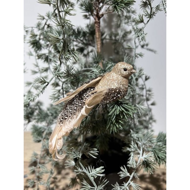 Fugl til dekoration med guldglimmer, naturlige fjer og prikker