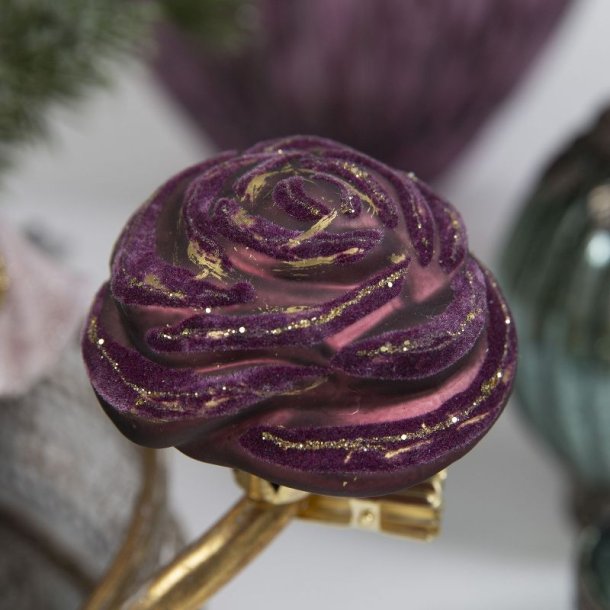 Julekugle - ornament som en rose/blomst med clips - fuchsia