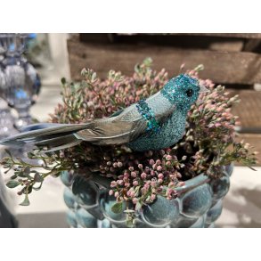 Fugl til dekoration med naturlige fjer og mint bl/grn