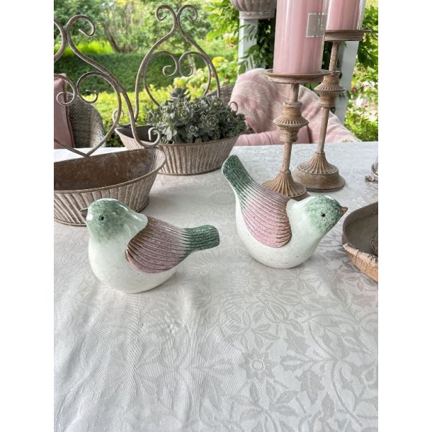 Fugle i keramik rosa stribet/grn - 2 stk ass.