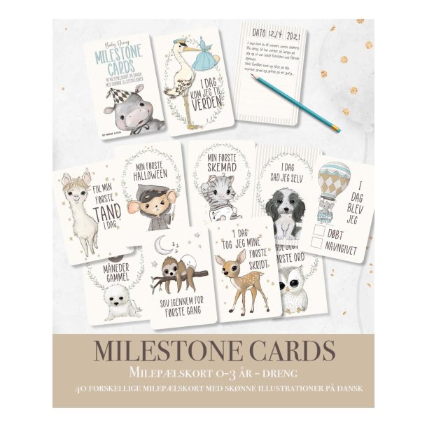 Mileplskort Babyshower/Barsels-gave - dreng - (barnets frste bog i kort)