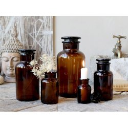 Gl. Fransk Apotekerglas m. lg 1 st; 5 forskellige str. glas - mocca brun farvet glas
