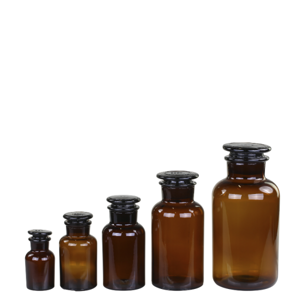 Gl. Fransk Apotekerglas m. lg 1 st; 5 forskellige str. glas - mocca brun farvet glas