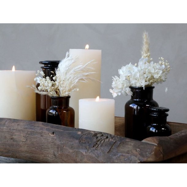 Gl. Fransk Apotekerglas m. lg 1 st; 5 forskellige str. glas - mocca brun farvet glas