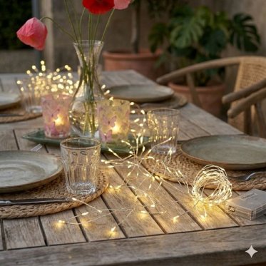 kategori billede lysk�der og led belysning med lyk�de p� et d�kket havebord med vase og fyrfadslys