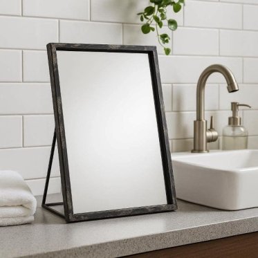 Et rektangul�rt bord-spejl med en patineret, sort vintage-ramme st�r p� en badev�relsesbordplade ved siden af en vask, en vandhane i b�rstet st�l og en s�bedispenser, med hvide metro-fliser og en gr�n h�ngeplante i baggrunden.