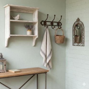 Hyggelig opstilling af en rustik knager�kke, et dekorativt spejl og en vintage-stil tr�hylde, der viser fransk landstil og sm�m�bler til boligen.