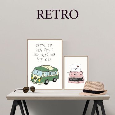 Retro plakater fra Mouse and Pen med gr�nt folkevognsrugbr�d og lyser�d skrivemaskine st�ende p� et bord med solbriller og hat.