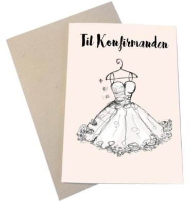 Mouse and Pen tillykke kort til konfirmanden med illustration af en hvid konfirmationskjole p� b�jle og tilh�rende kuvert i genbrugspapir.