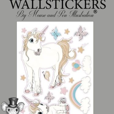 Wallstickers fra Mouse and Pen Illustration med enhj�rning, regnbue, sommerfugle og stjerner til b�rnev�relset.