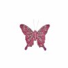 Fuchsiafarvet dekorationssommerfugl i dobbelt organza-stof med perler og glimmer, fritlagt p� hvid baggrund.