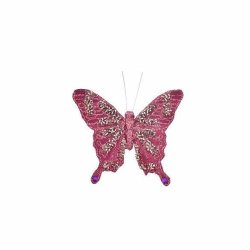 Fuchsiafarvet dekorationssommerfugl i dobbelt organza-stof med perler og glimmer, fritlagt p� hvid baggrund.