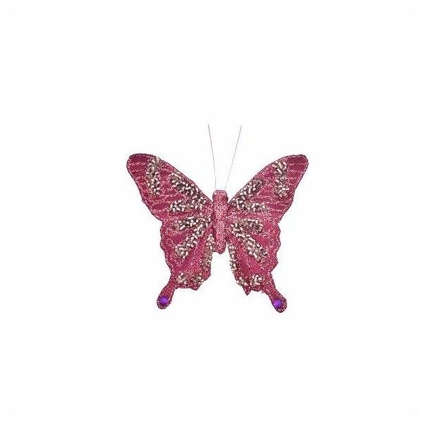 Fuchsiafarvet dekorationssommerfugl i dobbelt organza-stof med perler og glimmer, fritlagt p� hvid baggrund.