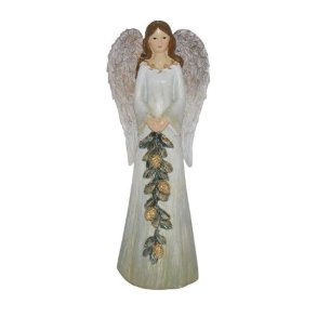 Elegant hvid engel figur der holder en buket hvide blomster, h�jde 19 cm, placeret p� en lys tr�hylde med et t�ndt lys.