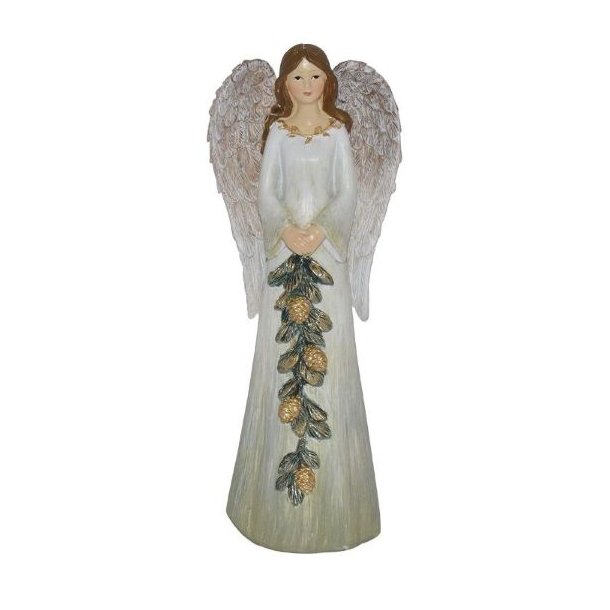 Elegant hvid engel figur der holder en buket hvide blomster, h�jde 19 cm, placeret p� en lys tr�hylde med et t�ndt lys.