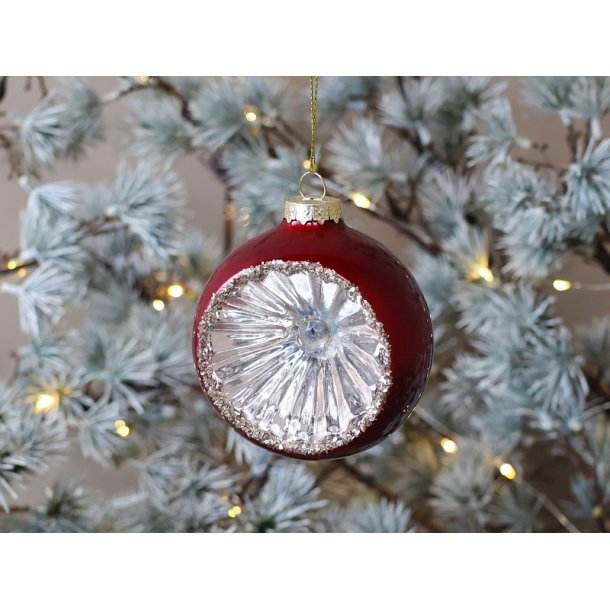 Julekugle rd med glimmer halvrund