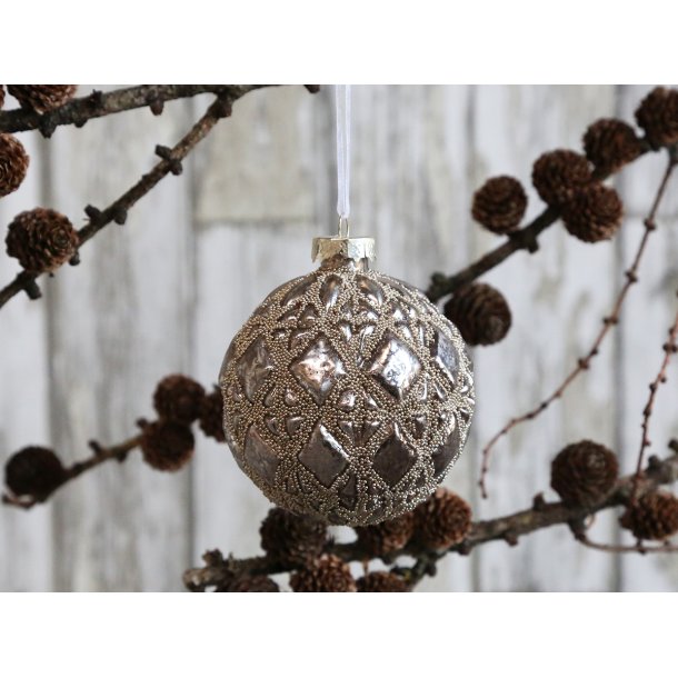 Julekugle mocca lidt transparent med sm guld perler