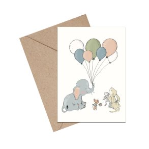 Tillykke kort - fdselsdagskort - Elefant med balloner