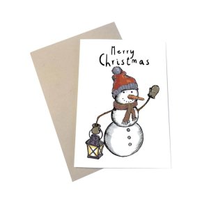 Julekort - snemand med lanterne