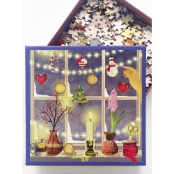 VISSEVASSE Christmas Window puslespil med 500 brikker og illustreret julemotiv.