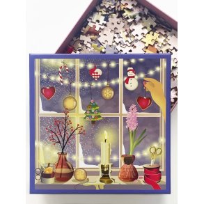VISSEVASSE Christmas Window puslespil med 500 brikker og illustreret julemotiv.