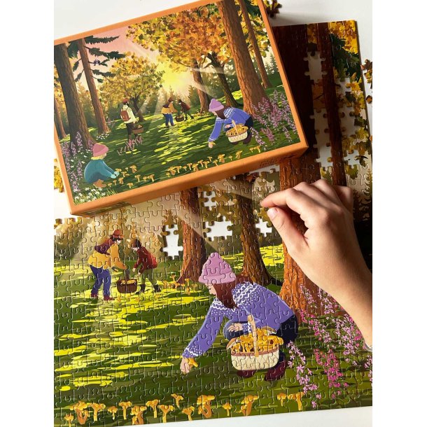Forest Treasures puslespil med 1000 brikker og illustreret skovmotiv.