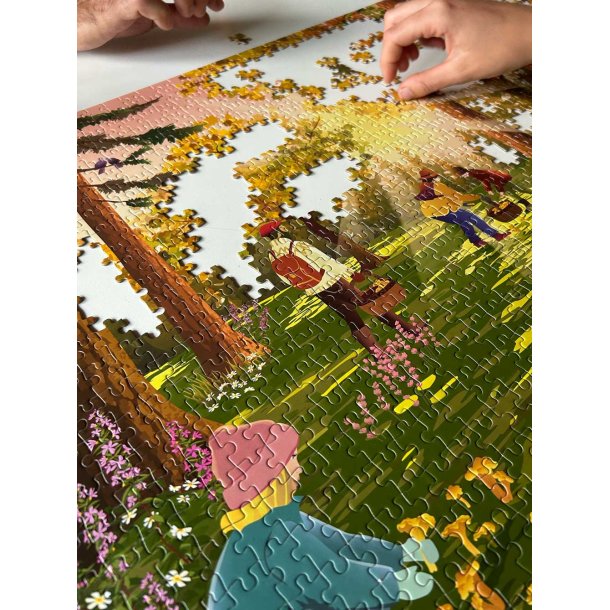 VISSEVASSE  puslespil med 1000 brikker og illustreret skovmotiv.