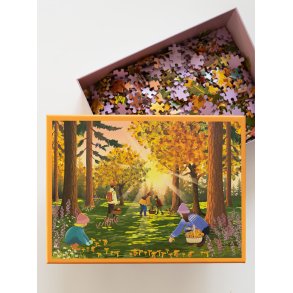 VISSEVASSE Forest Treasures puslespil med 1000 brikker og illustreret skovmotiv.