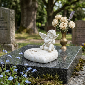 Et kvadratisk livsstilsbillede af en lille sovende engel der sidder p� et hjerte med teksten �ret v�re dit minde Figuren er placeret p� en m�rk poleret gravsten p� en kirkeg�rd i fredfyldte omgivelser med bl� forglemmigej blomster i forgrunden og en messingvase med lyse roser i baggrunden Englen m�ler ti komma fem centimeter i h�jden og elleve centimeter i l�ngden