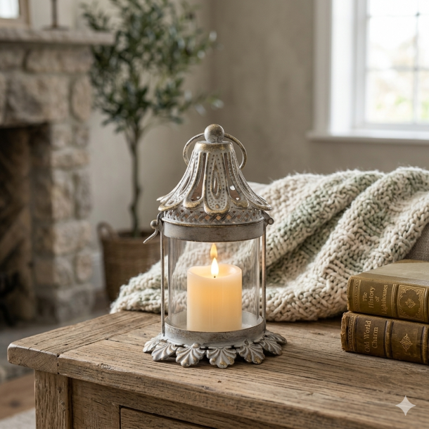 t kvadratisk milj�billede i 1:1 format, der viser den antikke lanterne placeret p� et rustikt tr�bord i en hyggelig stue. Lanternen har en fin hvid og guld patina og indeholder et t�ndt bloklys, der spreder et varmt sk�r. I baggrunden ses en bl�d, strikket bomuldsplaid i lyse nuancer, et par dekorative vintage-b�ger og en gr�n plante, der skaber en rolig og hjemlig atmosf�re.