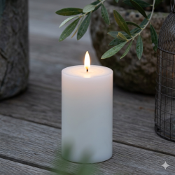 Et t�ndt hvidt udend�rs LED bloklys med en naturtro statisk 3D-flamme st�r p� en gr�-brun vejrbit tr�terrasse. I baggrunden ses en krukke med olivenkviste og en del af en sort metal lanterne i skumringen.