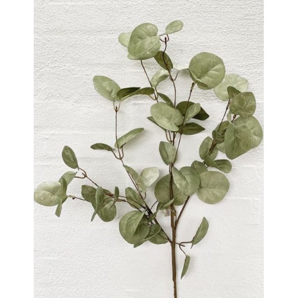 Kunstig-Blomstergren-Groenne-Blade-Front Naturtro kunstig gren med tre stilke fyldt med runde, gr�nne blade i skummateriale mod en hvid baggrund.