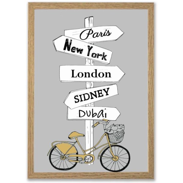 Paris-brun-graa N�rbillede af plakaten, der fremh�ver de grafiske detaljer i vejskiltene og den gule cykel med en brun og gr� farvetone.