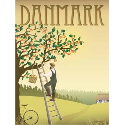 Plakat-Danmark-Aebletraeet-Front-Vissevasse Vissevasse plakat med titlen Danmark �bletr�et, der viser en mand p� en stige i gang med at plukke modne �bler fra et stort tr�.