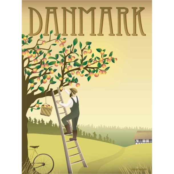 Plakat-Danmark-Aebletraeet-Front-Vissevasse Vissevasse plakat med titlen Danmark �bletr�et, der viser en mand p� en stige i gang med at plukke modne �bler fra et stort tr�.