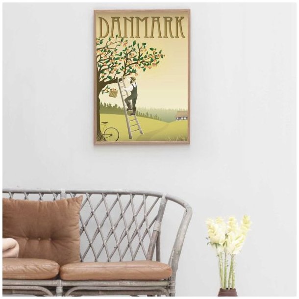 lakat-Danmark-Aebletraeet-Miljoe-Stue-Vissevasse Den smukke Danmark �bletr�et plakat i lys tr�ramme, h�ngt op i en lys stue over en fletsofa med l�derhynder.