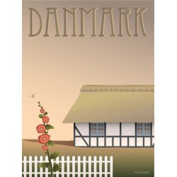 Plakat-Danmark-Bondehuset-Front-Vissevasse Plakat med motiv af et idyllisk dansk bondehus med str�tag, hvidt stakit og stokroser i afd�mpede farver.