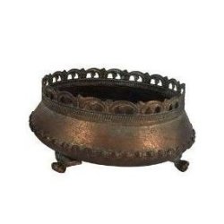 Urtepotte-Metal-Antik-Lille. Lille dekorativ urtepotte i antik metal med spanskgr�n finish og dekorative f�dder. M�l: H9/D20,5 cm.