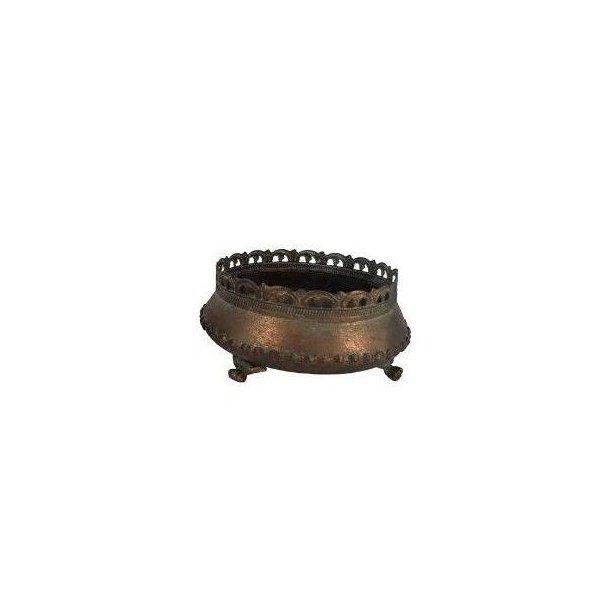Urtepotte-Metal-Antik-Lille. Lille dekorativ urtepotte i antik metal med spanskgr�n finish og dekorative f�dder. M�l: H9/D20,5 cm.