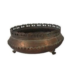 Urtepotte-Metal-Antik-Stor. Stor dekorativ urtepotte i antik metal med spanskgr�n finish og dekorative f�dder. M�l: H11/D26,5 cm.