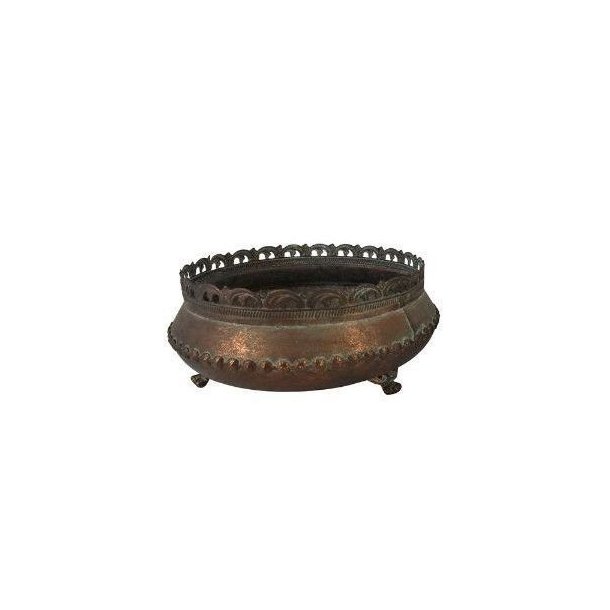 Urtepotte-Metal-Antik-Stor. Stor dekorativ urtepotte i antik metal med spanskgr�n finish og dekorative f�dder. M�l: H11/D26,5 cm.