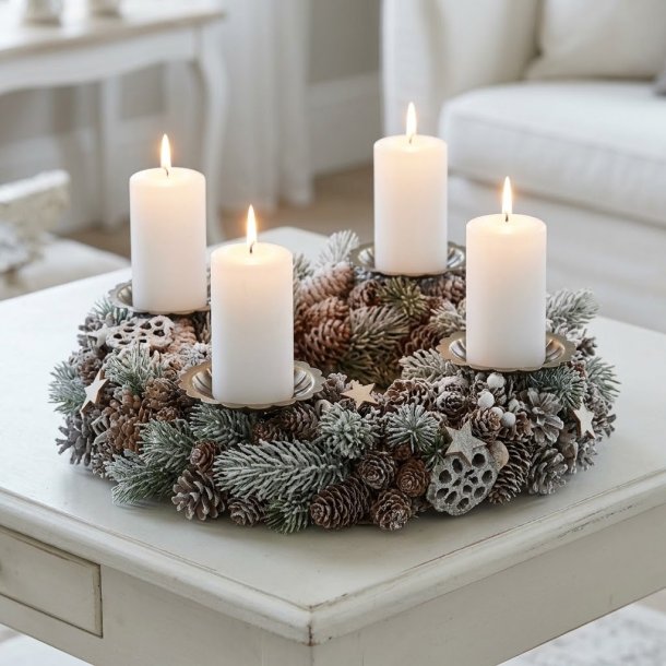 Adventskrans af gran og kogler med fire magnetiske antik messing lysholdere, t�ndte kronelys p� et hvidt bord