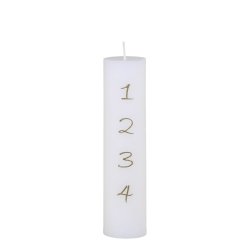 Fritlagt produktbillede af et hvidt kalenderlys p� 20 cm med tal fra 1 til 4 prentet i guld p� hvid baggrund.