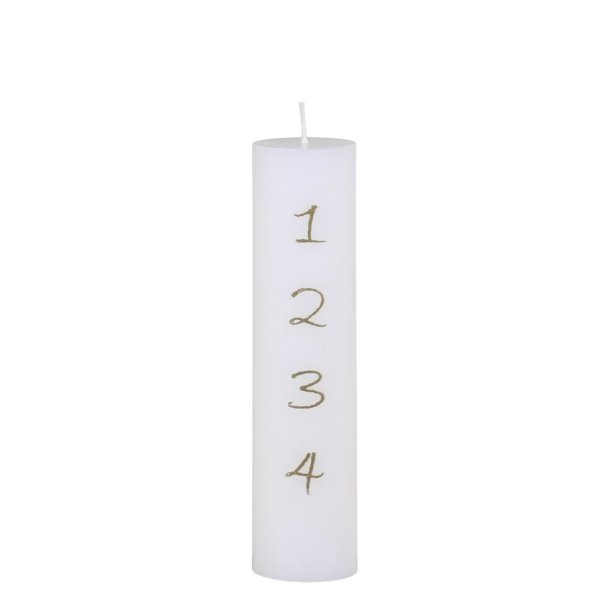 Fritlagt produktbillede af et hvidt kalenderlys p� 20 cm med tal fra 1 til 4 prentet i guld p� hvid baggrund.