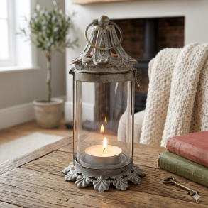 Et kvadratisk milj�billede, der viser den store, antikke metal lanterne med distressed patina og t�ndt fyrfadslys, pr�cis som ses i image_5.png. Lanternen st�r centralt p� en rustik, lys tr�planke. For at understrege st�rrelsen er den placeret i en indbydende stueindretning med en bl�d, cremehvid strikket bomuldsplaid, der er smukt draperet over kanten af et vintage bogbinderi. I baggrunden ses en sl�ret pejs og en krukke med gr�nne eucalyptusgrene. Lysset er varmt og naturligt, og fremh�ver metallets unikke patina og glasets gennemsigtighed.