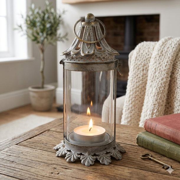 Et kvadratisk milj�billede, der viser den store, antikke metal lanterne med distressed patina og t�ndt fyrfadslys, pr�cis som ses i image_5.png. Lanternen st�r centralt p� en rustik, lys tr�planke. For at understrege st�rrelsen er den placeret i en indbydende stueindretning med en bl�d, cremehvid strikket bomuldsplaid, der er smukt draperet over kanten af et vintage bogbinderi. I baggrunden ses en sl�ret pejs og en krukke med gr�nne eucalyptusgrene. Lysset er varmt og naturligt, og fremh�ver metallets unikke patina og glasets gennemsigtighed.